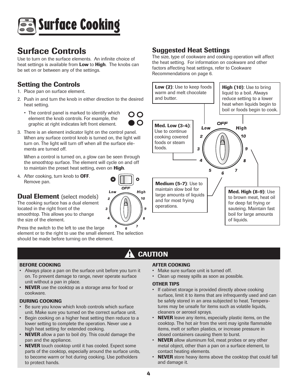 Surface cooking, Surface controls, Setting the controls | Dual element, Caution suggested heat settings | Amana EASY TOUCH CONTROL 500 User Manual | Page 5 / 72