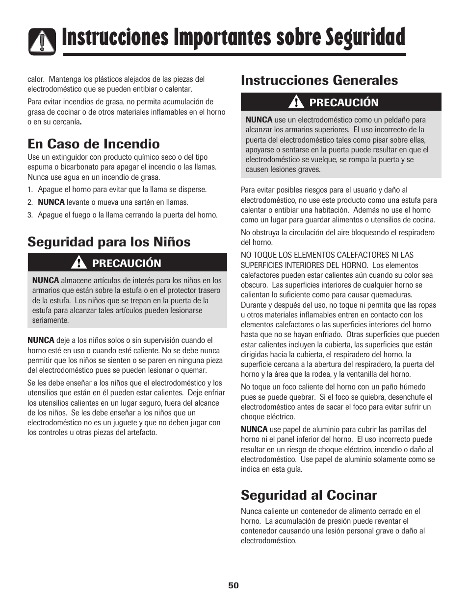 Instrucciones importantes sobre seguridad, En caso de incendio, Seguridad para los niños instrucciones generales | Seguridad al cocinar | Amana EASY TOUCH CONTROL 500 User Manual | Page 51 / 72