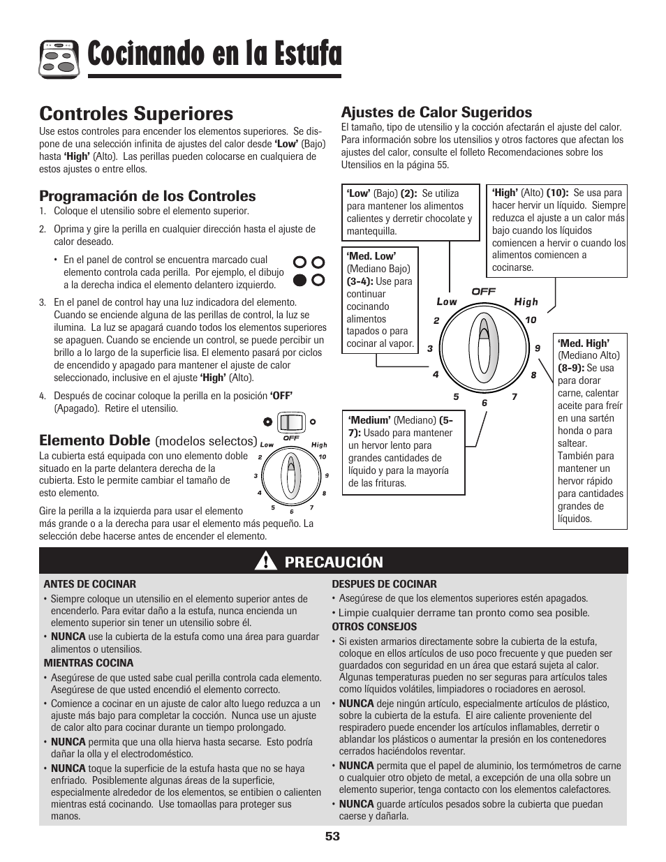 Cocinando en la estufa, Controles superiores, Programación de los controles | Elemento doble, Ajustes de calor sugeridos, Precaución | Amana EASY TOUCH CONTROL 500 User Manual | Page 54 / 72