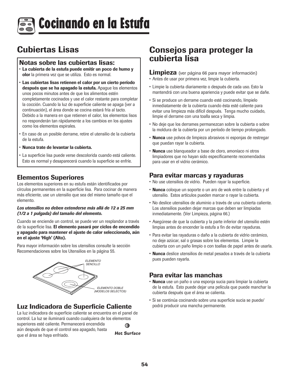 Cocinando en la estufa, Cubiertas lisas, Consejos para proteger la cubierta lisa | Notas sobre las cubiertas lisas, Elementos superiores, Luz indicadora de superficie caliente, Limpieza, Para evitar marcas y rayaduras, Para evitar las manchas | Amana EASY TOUCH CONTROL 500 User Manual | Page 55 / 72