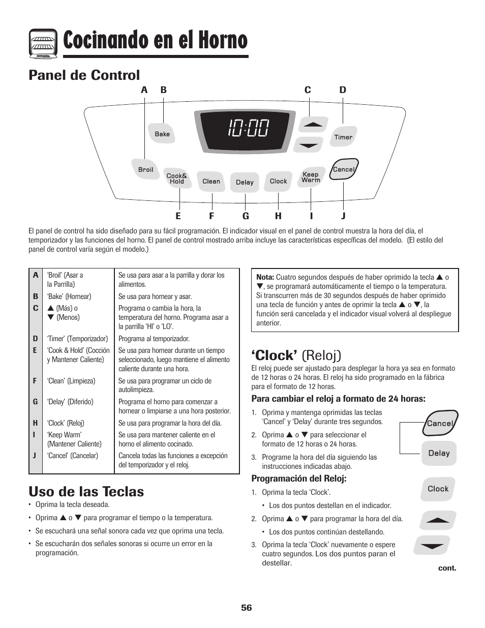 Cocinando en el horno, Panel de control, Clock’ (reloj) | Uso de las teclas | Amana EASY TOUCH CONTROL 500 User Manual | Page 57 / 72