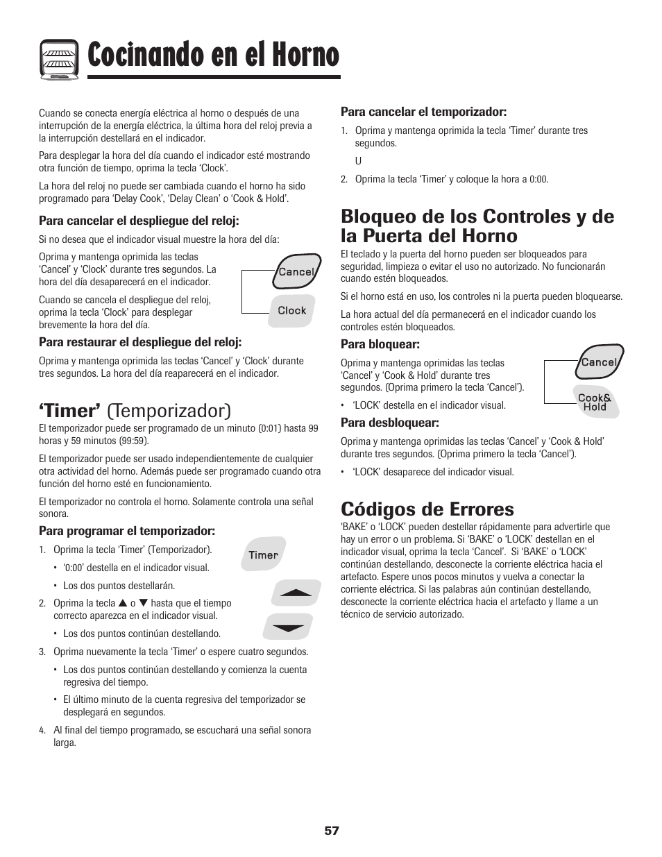 Cocinando en el horno, Timer’ (temporizador), Bloqueo de los controles y de la puerta del horno | Códigos de errores | Amana EASY TOUCH CONTROL 500 User Manual | Page 58 / 72