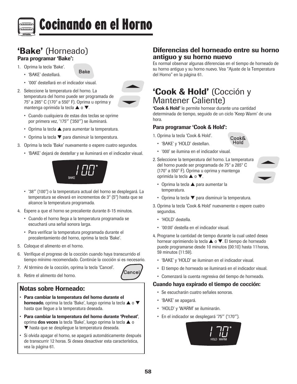 Cocinando en el horno, Bake’ (horneado), Cook & hold’ (cocción y mantener caliente) | Notas sobre horneado | Amana EASY TOUCH CONTROL 500 User Manual | Page 59 / 72