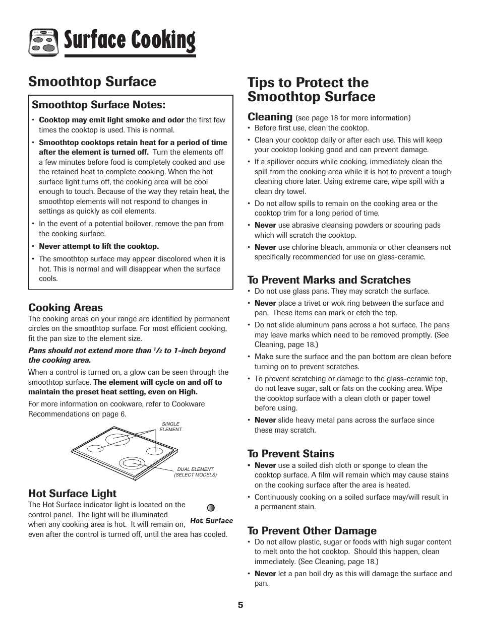 Surface cooking, Smoothtop surface, Tips to protect the smoothtop surface | Cooking areas, Hot surface light, Cleaning | Amana EASY TOUCH CONTROL 500 User Manual | Page 6 / 72