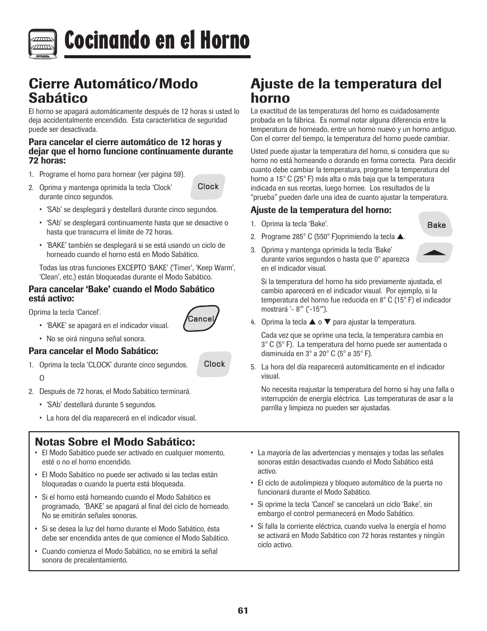 Cocinando en el horno, Cierre automático/modo sabático, Ajuste de la temperatura del horno | Notas sobre el modo sabático | Amana EASY TOUCH CONTROL 500 User Manual | Page 62 / 72
