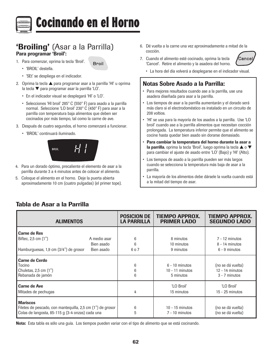 Cocinando en el horno, Broiling’ (asar a la parrilla), Tabla de asar a la parrilla | Notas sobre asado a la parrilla | Amana EASY TOUCH CONTROL 500 User Manual | Page 63 / 72