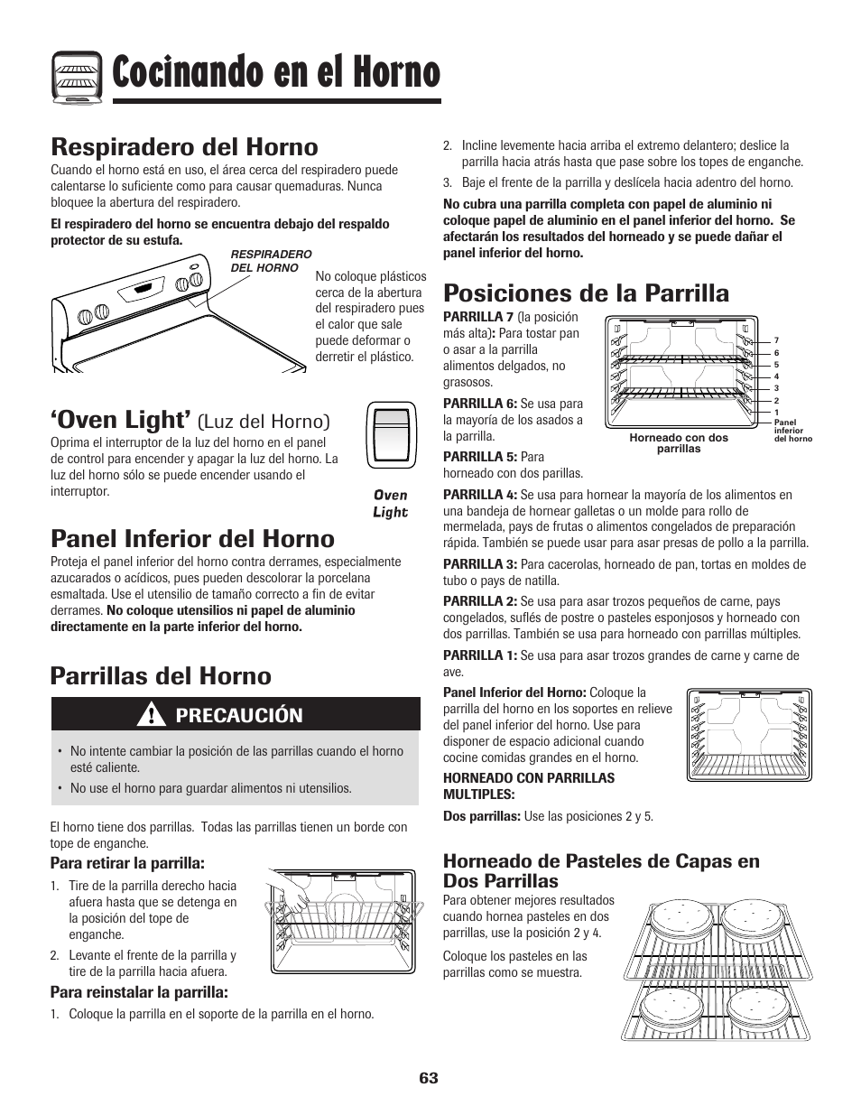 Cocinando en el horno, Panel inferior del horno, Respiradero del horno | Parrillas del horno, Oven light, Posiciones de la parrilla, Luz del horno), Horneado de pasteles de capas en dos parrillas, Precaución | Amana EASY TOUCH CONTROL 500 User Manual | Page 64 / 72