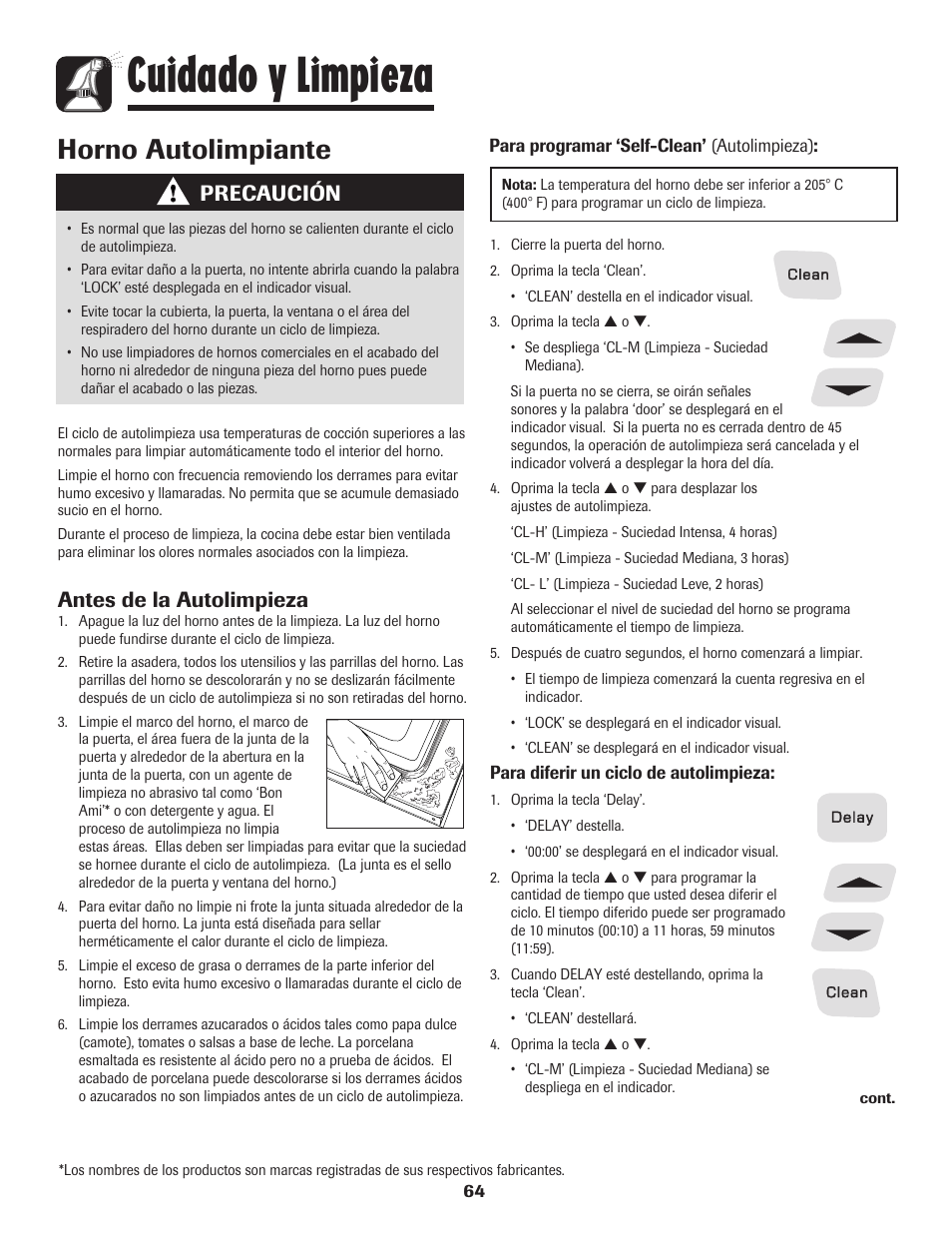 Cuidado y limpieza, Horno autolimpiante, Antes de la autolimpieza | Precaución | Amana EASY TOUCH CONTROL 500 User Manual | Page 65 / 72