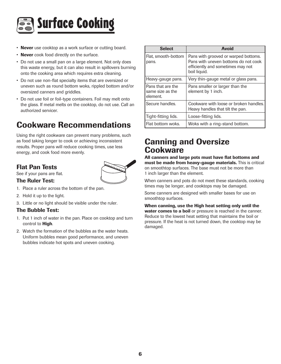Surface cooking, Cookware recommendations, Canning and oversize cookware | Flat pan tests | Amana EASY TOUCH CONTROL 500 User Manual | Page 7 / 72