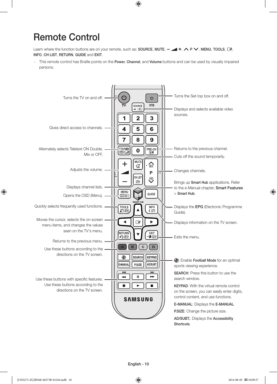 Remote control | Samsung UE58H5273SS User Manual | Page 10 / 81