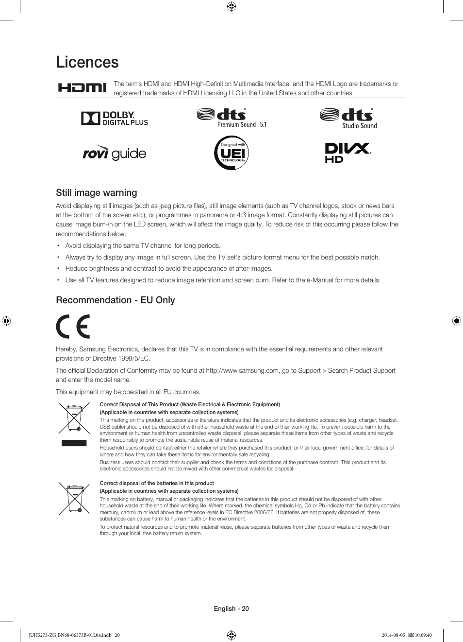 Licences, Still image warning, Recommendation - eu only | Samsung UE58H5273SS User Manual | Page 20 / 81