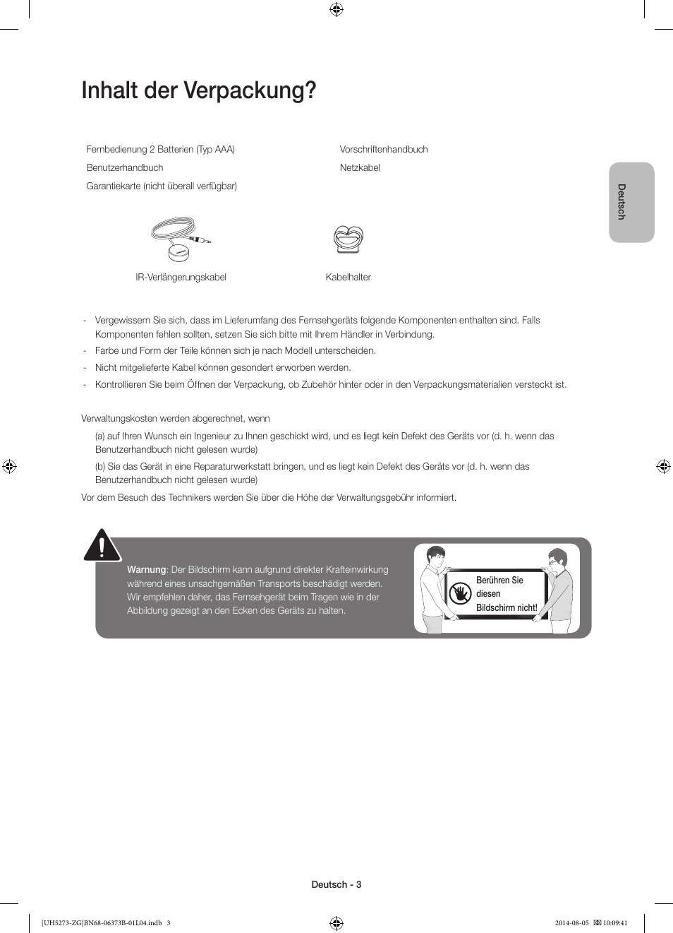 Inhalt der verpackung | Samsung UE58H5273SS User Manual | Page 23 / 81