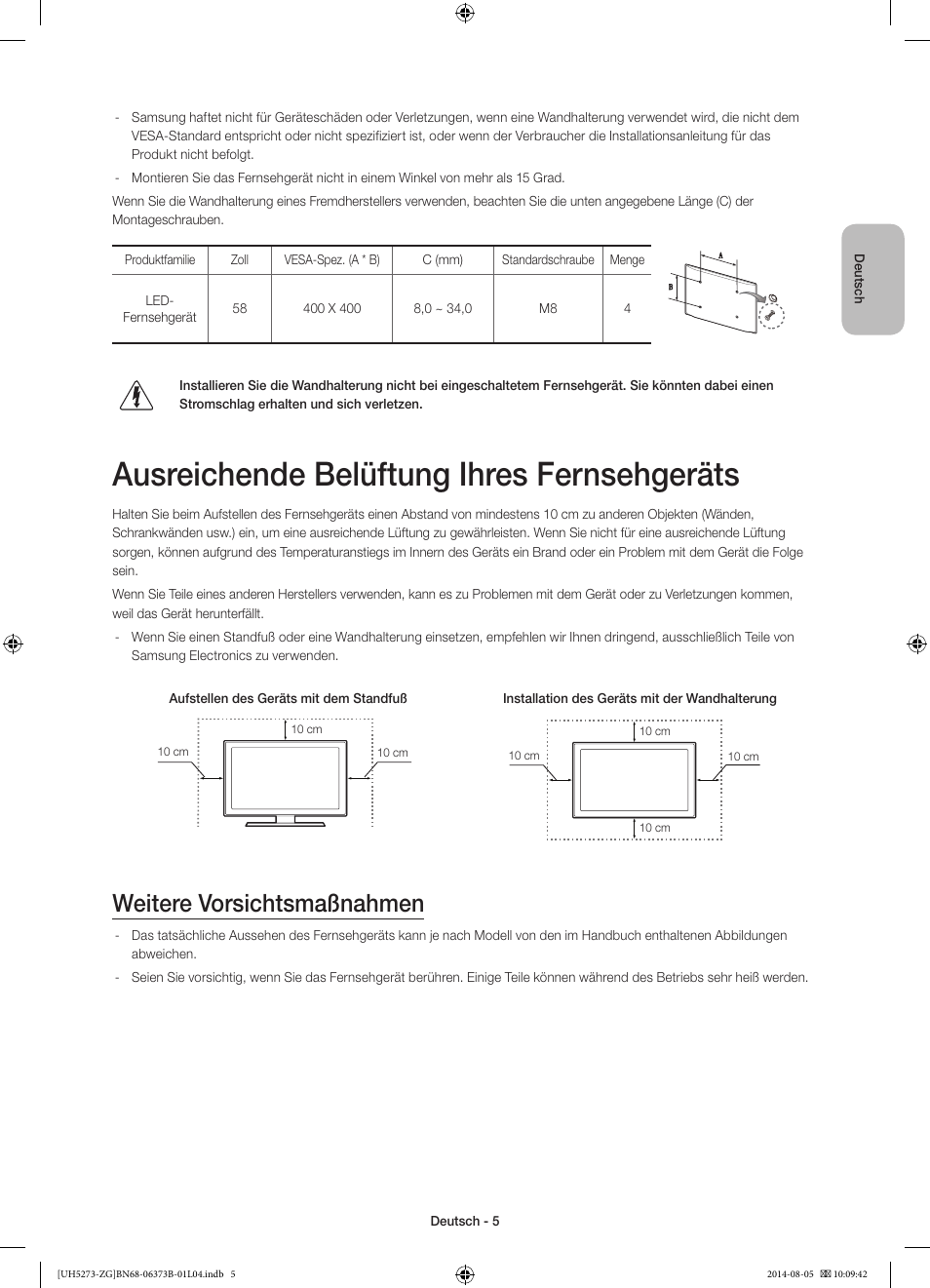 Ausreichende belüftung ihres fernsehgeräts, Weitere vorsichtsmaßnahmen | Samsung UE58H5273SS User Manual | Page 25 / 81