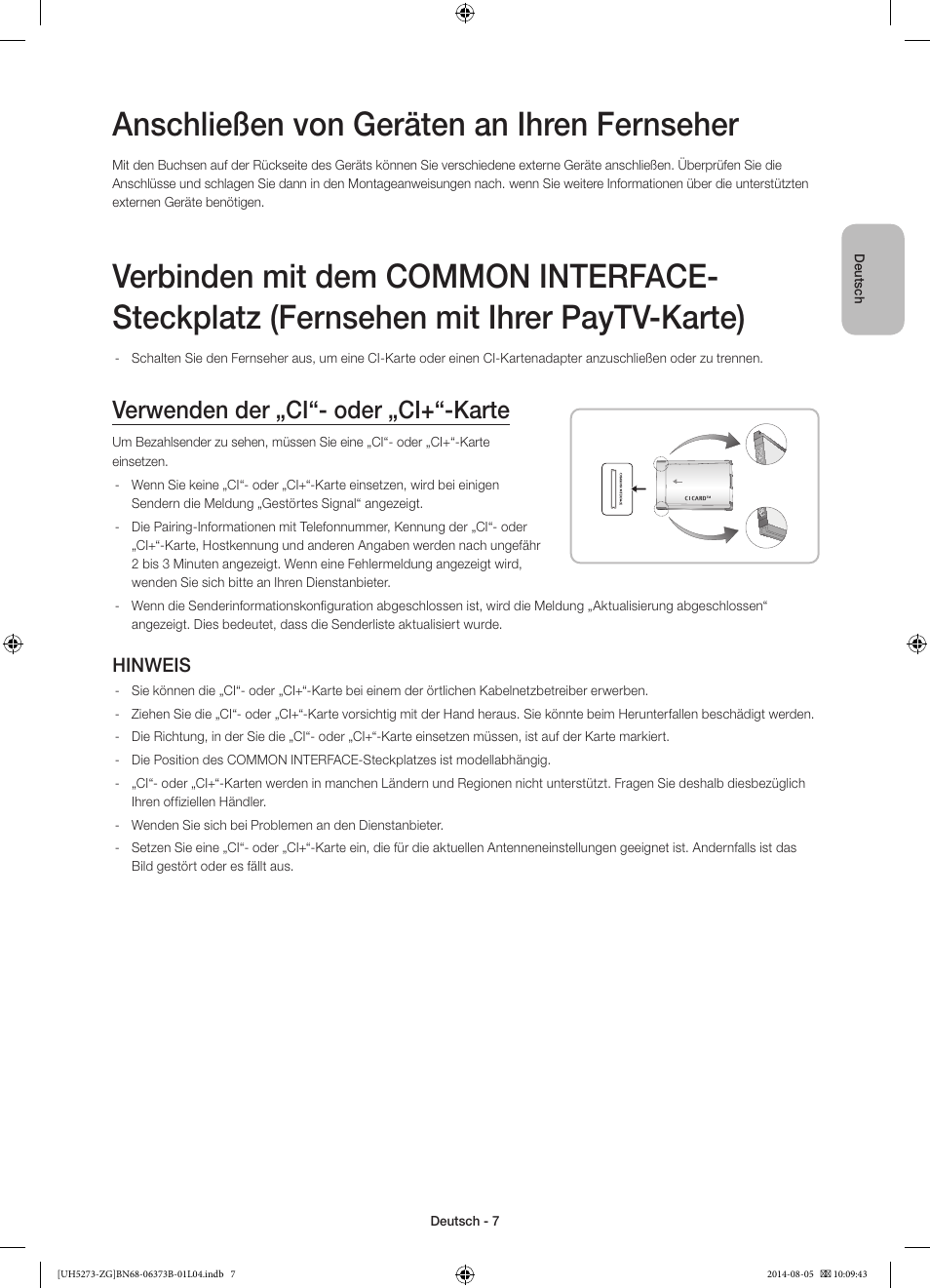 Anschließen von geräten an ihren fernseher, Verwenden der „ci“- oder „ci+“-karte, Hinweis | Samsung UE58H5273SS User Manual | Page 27 / 81