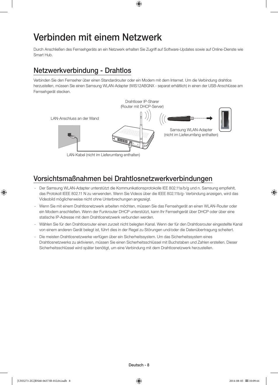 Verbinden mit einem netzwerk, Netzwerkverbindung - drahtlos | Samsung UE58H5273SS User Manual | Page 28 / 81