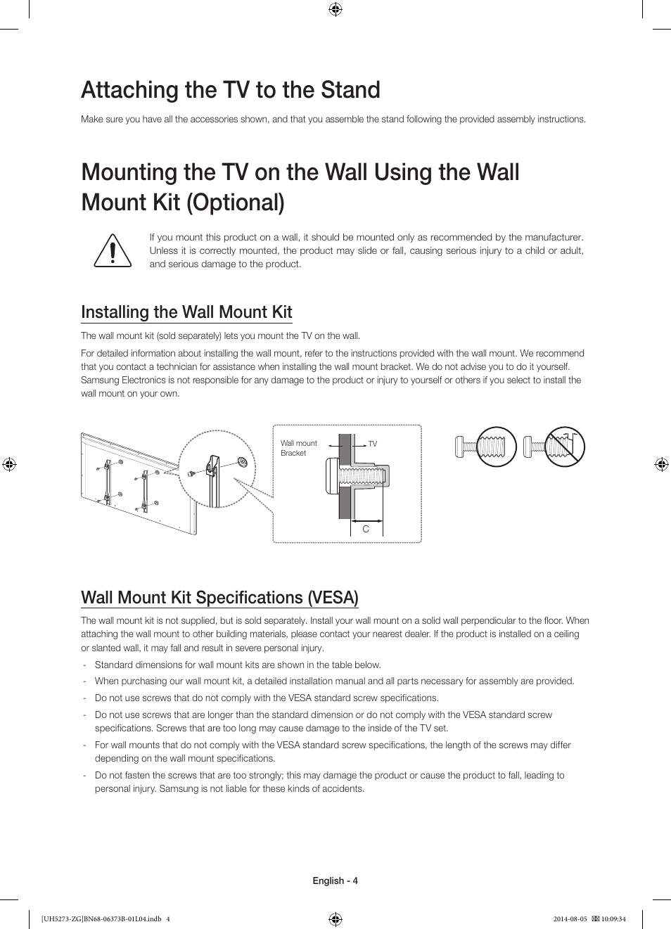Attaching the tv to the stand, Installing the wall mount kit, Wall mount kit specifications (vesa) | Samsung UE58H5273SS User Manual | Page 4 / 81