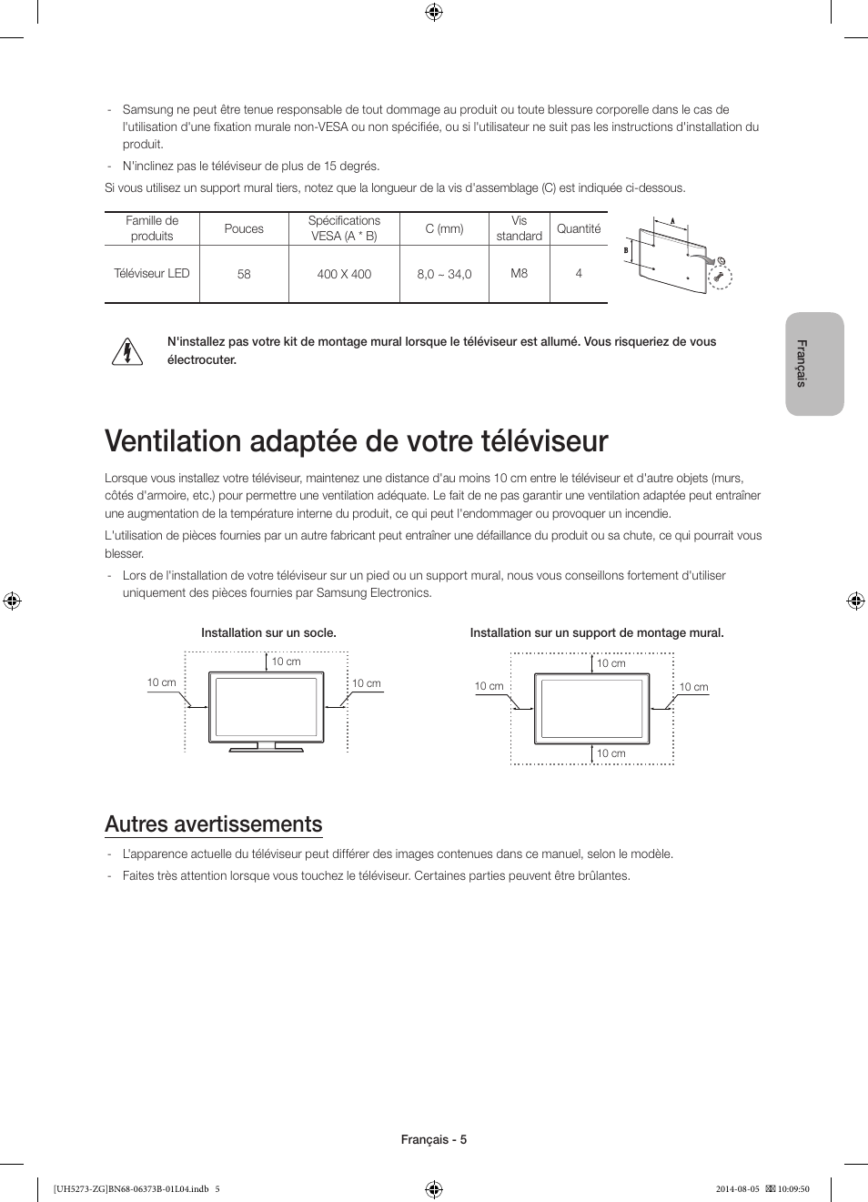 Ventilation adaptée de votre téléviseur, Autres avertissements | Samsung UE58H5273SS User Manual | Page 45 / 81