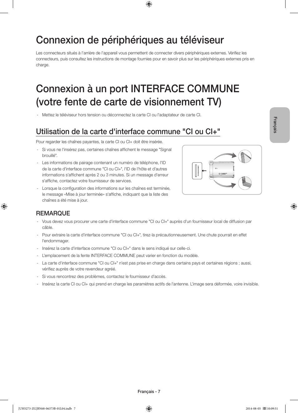 Connexion de périphériques au téléviseur, Remarque | Samsung UE58H5273SS User Manual | Page 47 / 81