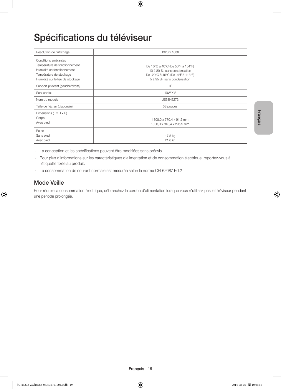 Spécifications du téléviseur, Mode veille | Samsung UE58H5273SS User Manual | Page 59 / 81