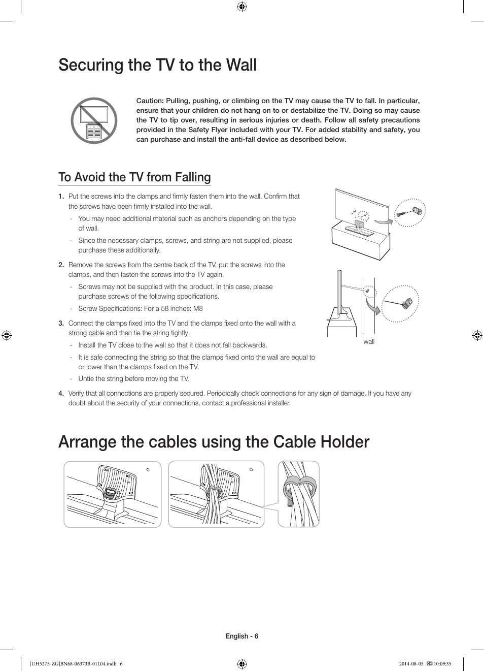 Securing the tv to the wall, Arrange the cables using the cable holder | Samsung UE58H5273SS User Manual | Page 6 / 81