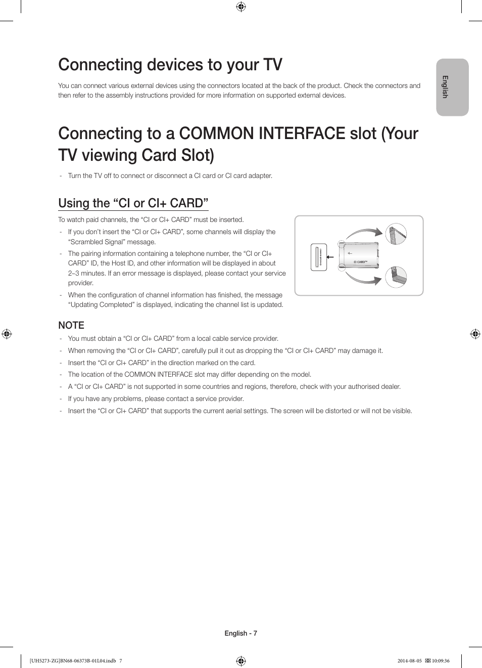 Connecting devices to your tv, Using the “ci or ci+ card | Samsung UE58H5273SS User Manual | Page 7 / 81