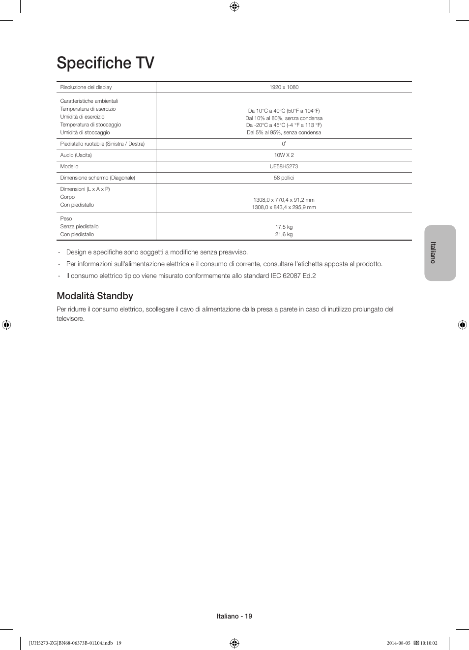 Specifiche tv, Modalità standby | Samsung UE58H5273SS User Manual | Page 79 / 81