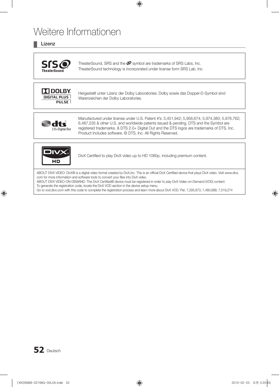Weitere informationen | Samsung UE55C6000RW User Manual | Page 106 / 217