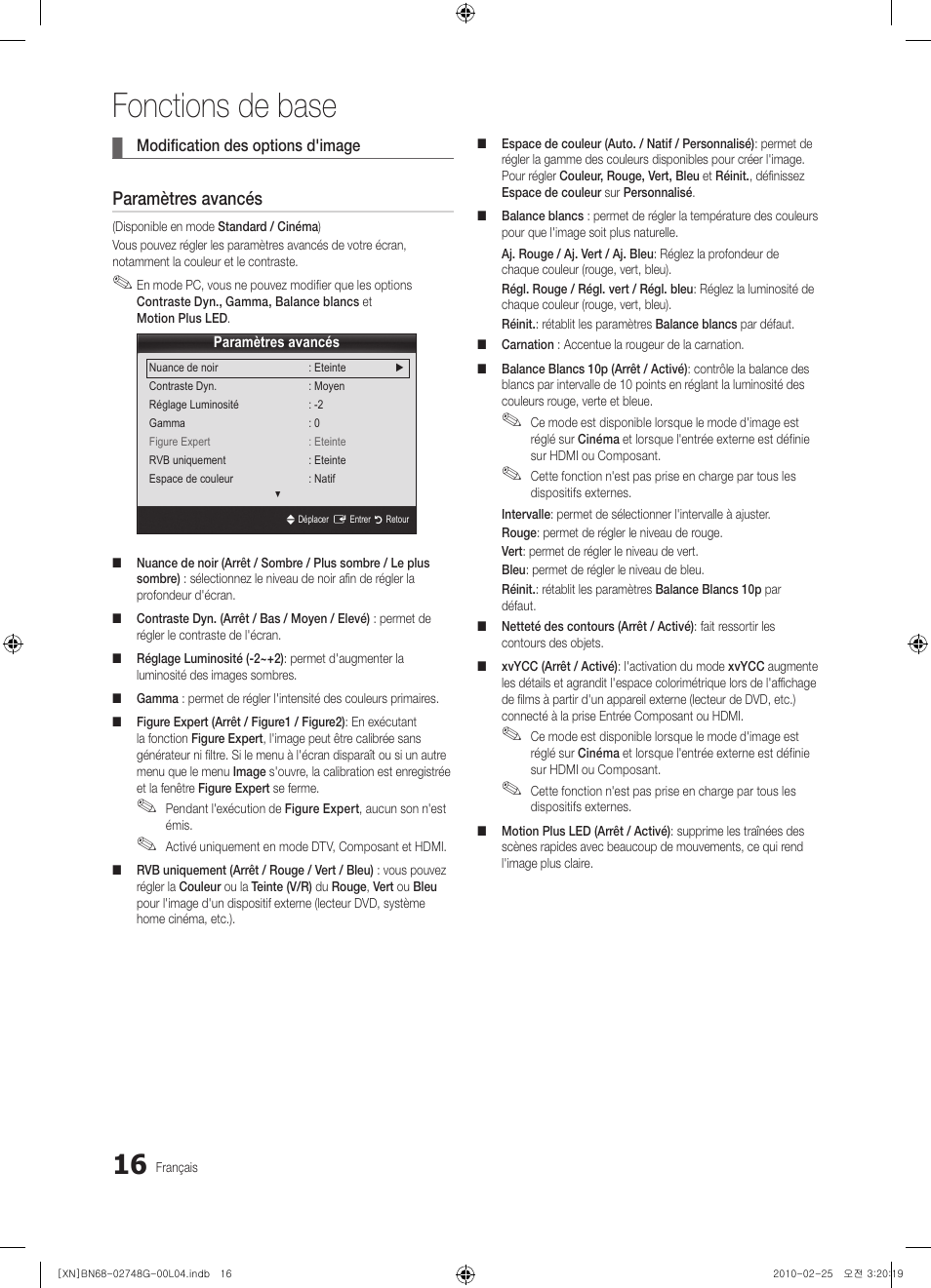 Fonctions de base, Paramètres avancés | Samsung UE55C6000RW User Manual | Page 124 / 217
