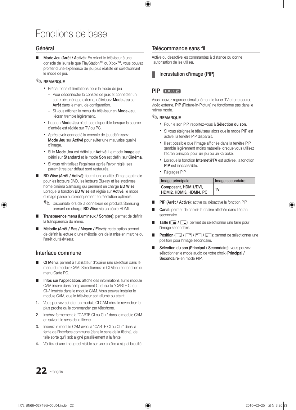 Fonctions de base, Général, Interface commune | Télécommande sans fil | Samsung UE55C6000RW User Manual | Page 130 / 217