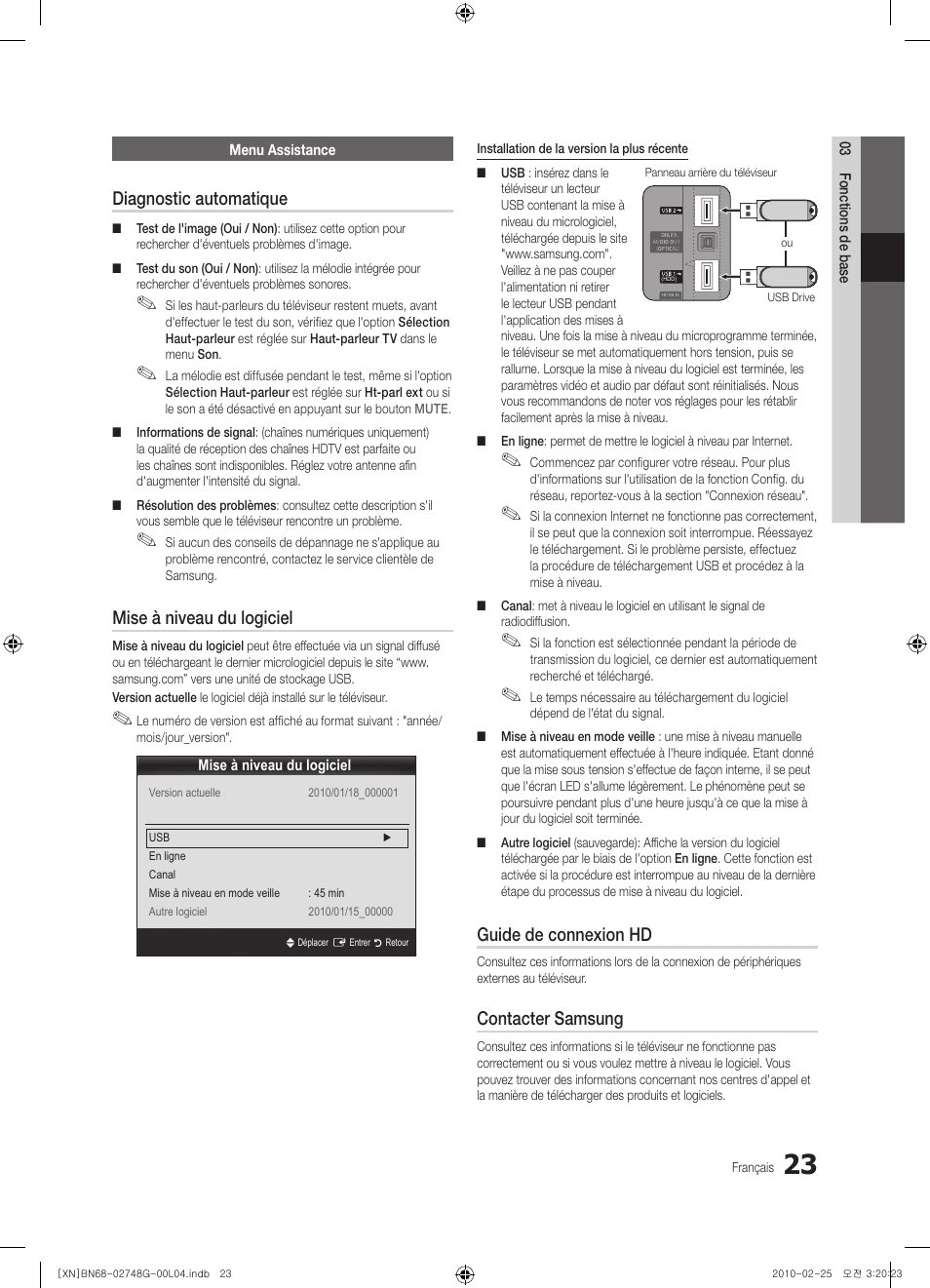 Diagnostic automatique, Mise à niveau du logiciel, Guide de connexion hd | Contacter samsung | Samsung UE55C6000RW User Manual | Page 131 / 217