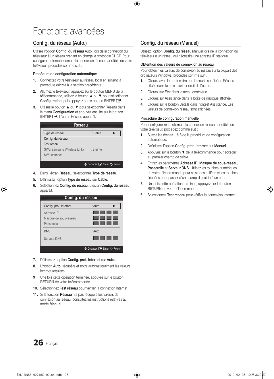 Fonctions avancées, Config. du réseau (auto.), Config. du réseau (manuel) | Samsung UE55C6000RW User Manual | Page 134 / 217