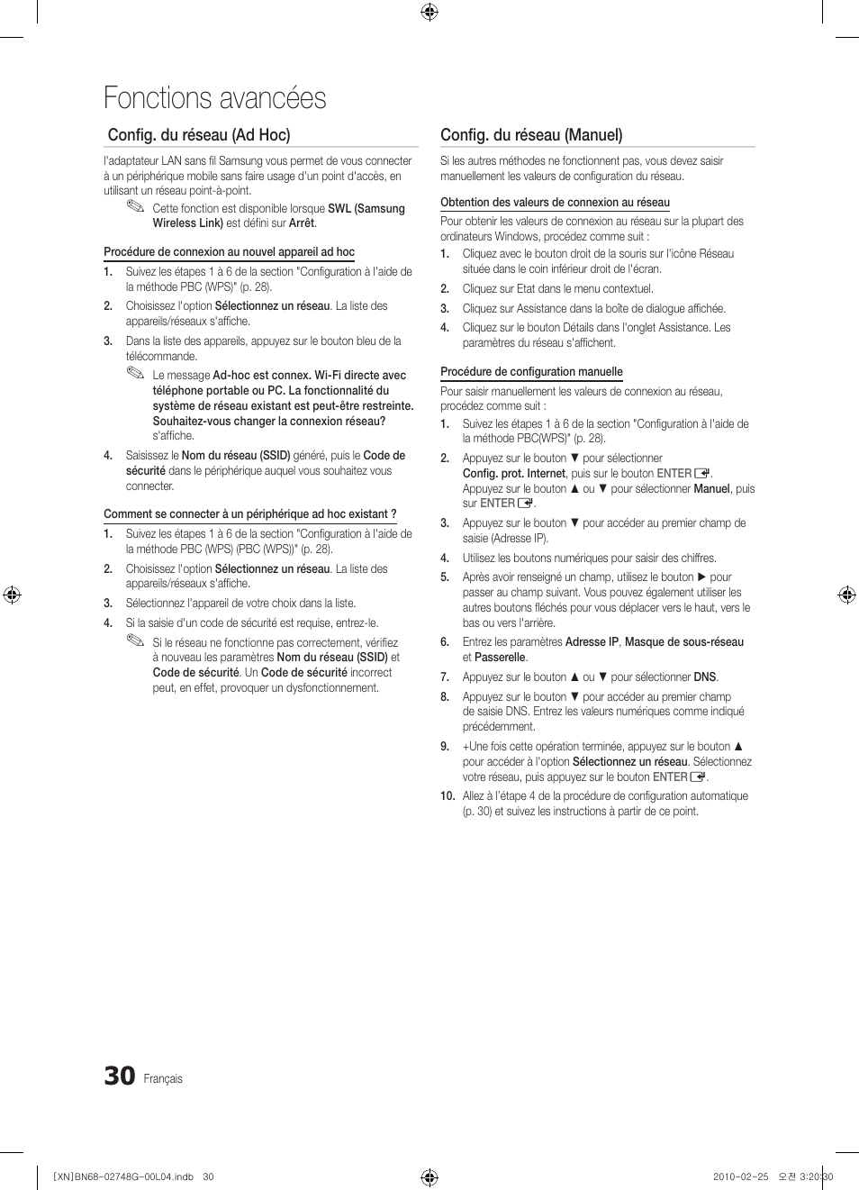 Fonctions avancées, Config. du réseau (ad hoc), Config. du réseau (manuel) | Samsung UE55C6000RW User Manual | Page 138 / 217
