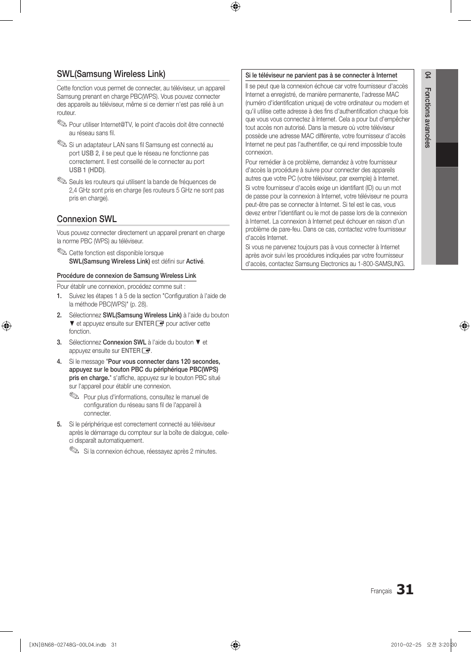 Swl(samsung wireless link), Connexion swl | Samsung UE55C6000RW User Manual | Page 139 / 217