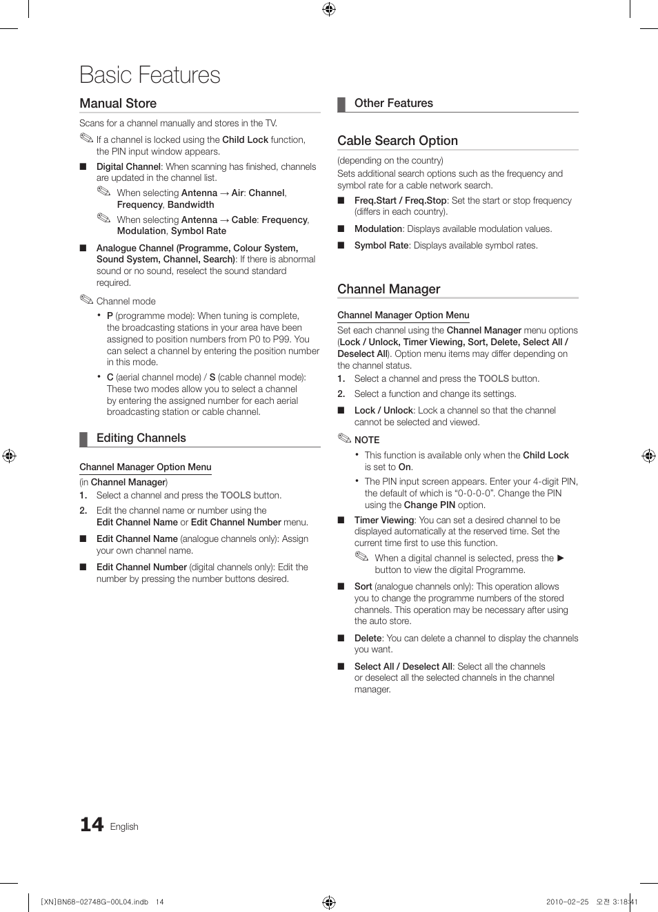 Basic features, Manual store, Cable search option | Channel manager | Samsung UE55C6000RW User Manual | Page 14 / 217