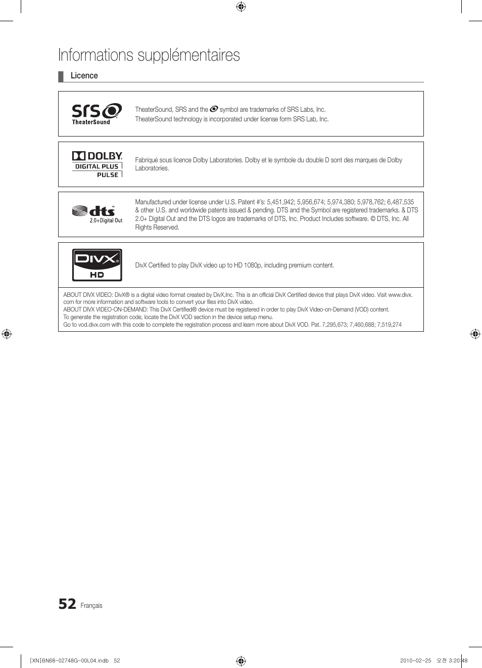 Informations supplémentaires | Samsung UE55C6000RW User Manual | Page 160 / 217