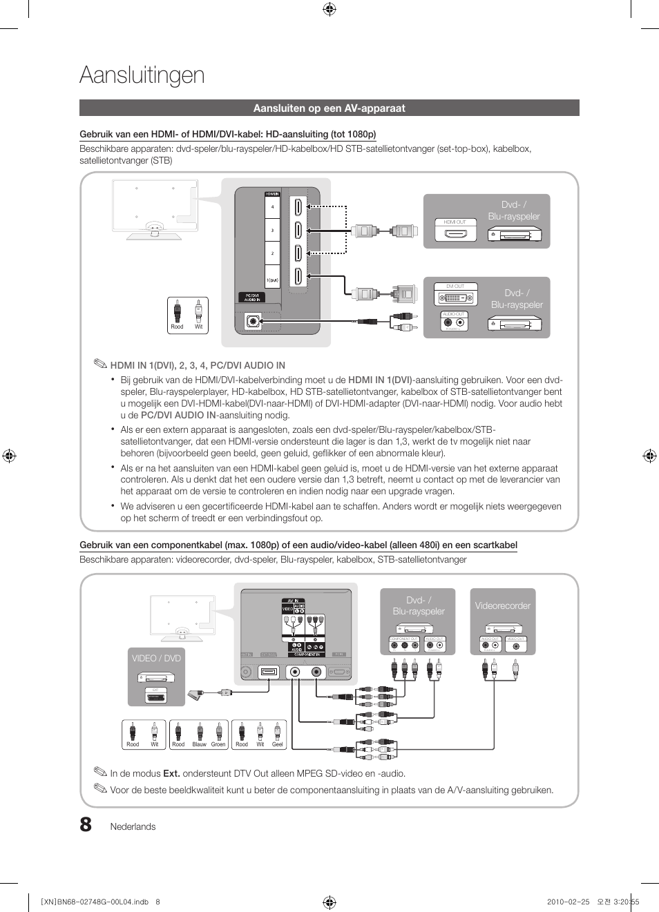 Aansluitingen, Aansluiten op een av-apparaat, Nederlands | Hdmi in 1(dvi), 2, 3, 4, pc/dvi audio in, Video / dvd videorecorder dvd- / blu-rayspeler, Dvd- / blu-rayspeler dvd- / blu-rayspeler | Samsung UE55C6000RW User Manual | Page 170 / 217