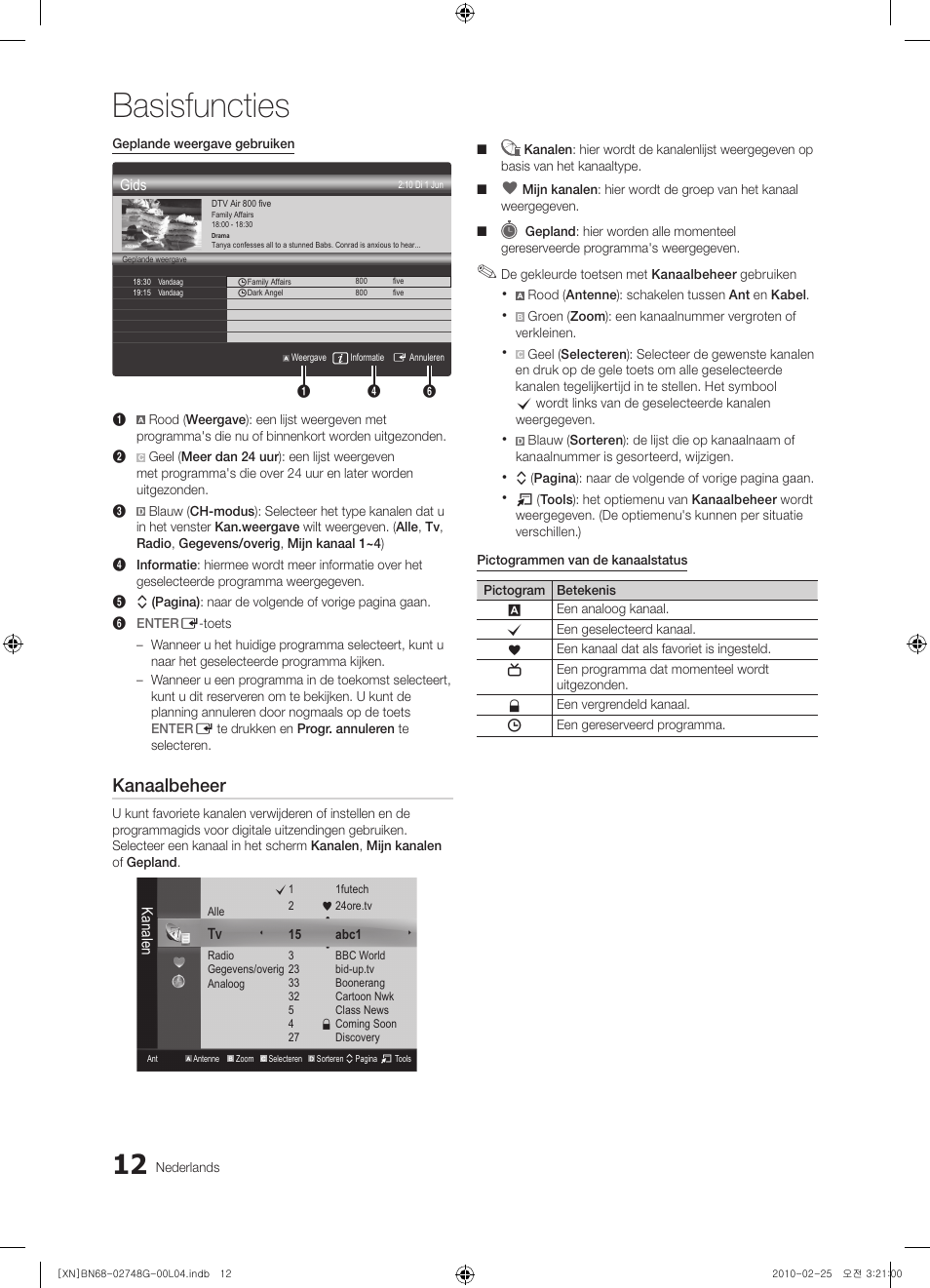 Basisfuncties, Kanaalbeheer | Samsung UE55C6000RW User Manual | Page 174 / 217