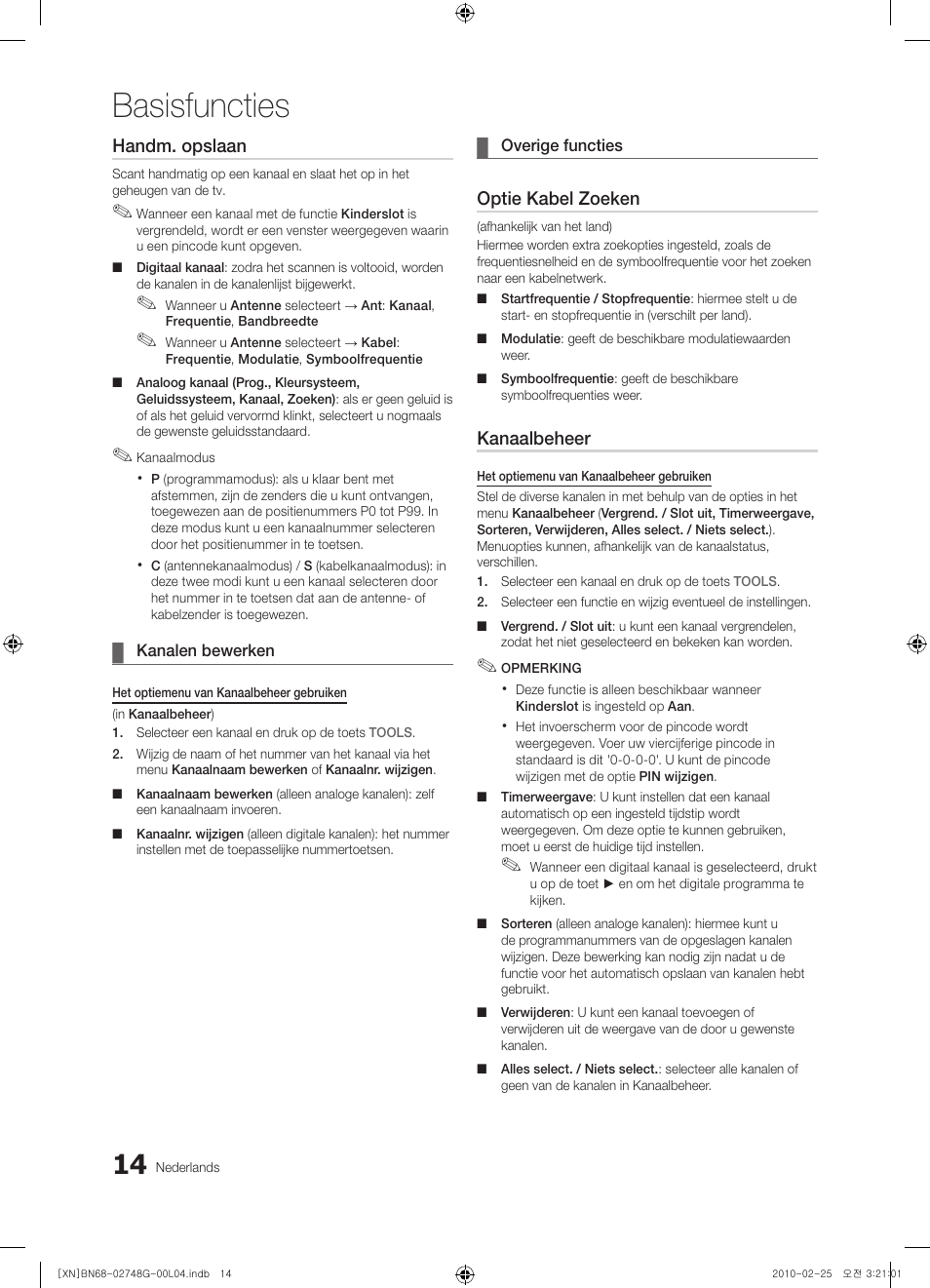 Basisfuncties, Handm. opslaan, Optie kabel zoeken | Kanaalbeheer | Samsung UE55C6000RW User Manual | Page 176 / 217