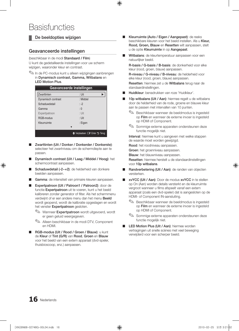 Basisfuncties, Geavanceerde instellingen | Samsung UE55C6000RW User Manual | Page 178 / 217
