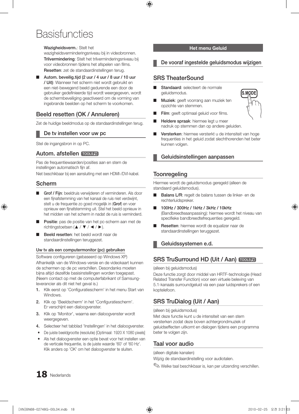 Basisfuncties, Beeld resetten (ok / annuleren), Autom. afstellen | Scherm, Srs theatersound, Toonregeling, Srs trusurround hd (uit / aan), Srs trudialog (uit / aan), Taal voor audio | Samsung UE55C6000RW User Manual | Page 180 / 217