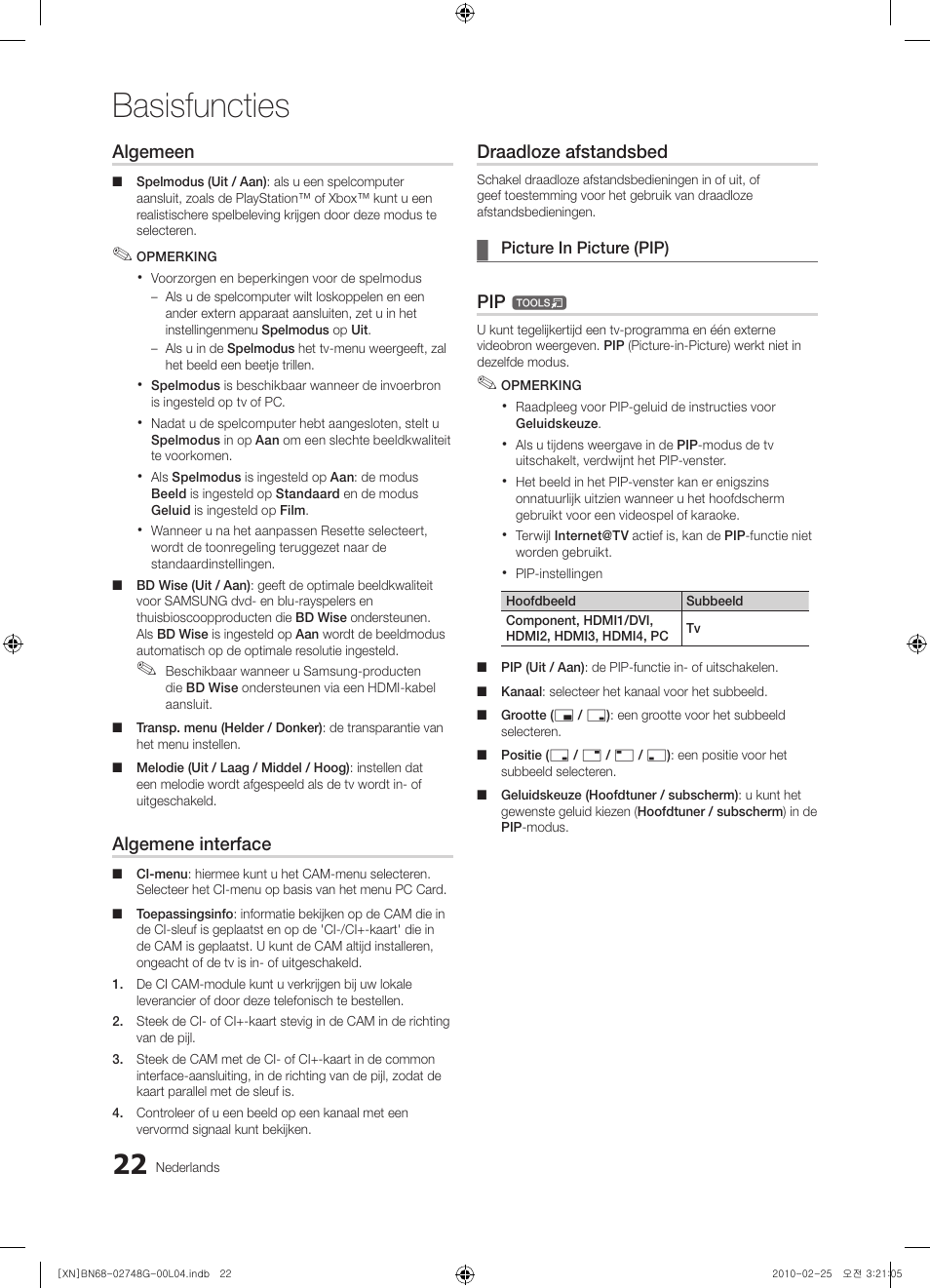 Basisfuncties, Algemeen, Algemene interface | Draadloze afstandsbed | Samsung UE55C6000RW User Manual | Page 184 / 217