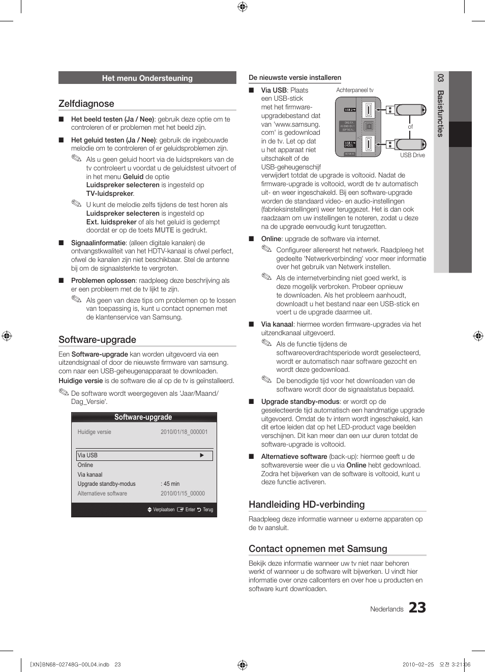 Zelfdiagnose, Software-upgrade, Handleiding hd-verbinding | Contact opnemen met samsung | Samsung UE55C6000RW User Manual | Page 185 / 217