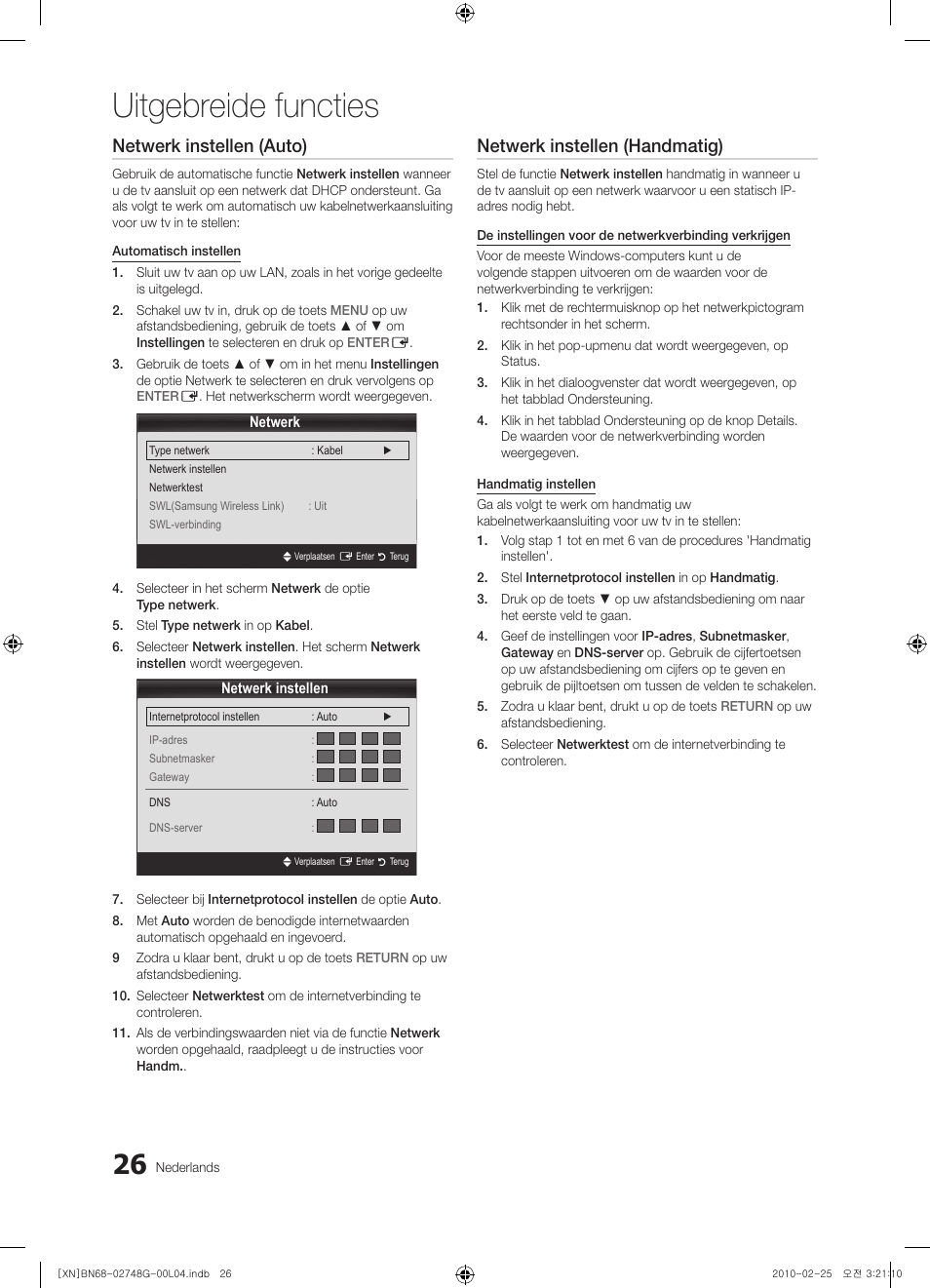 Uitgebreide functies, Netwerk instellen (auto), Netwerk instellen (handmatig) | Samsung UE55C6000RW User Manual | Page 188 / 217