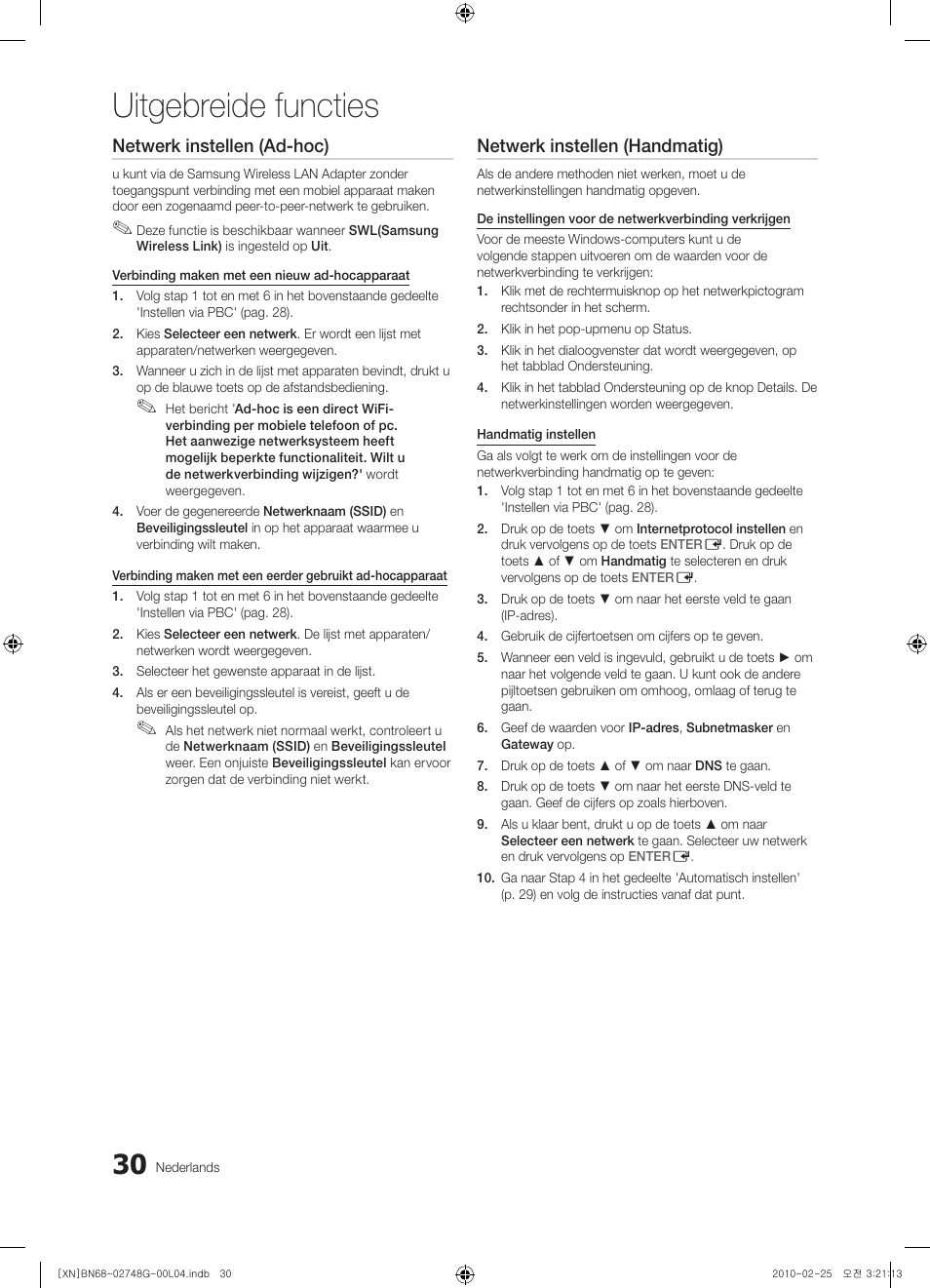 Uitgebreide functies, Netwerk instellen (ad-hoc), Netwerk instellen (handmatig) | Samsung UE55C6000RW User Manual | Page 192 / 217