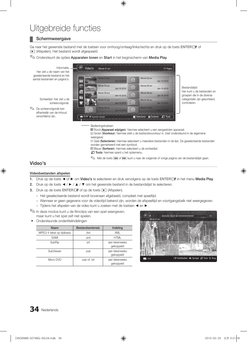 Uitgebreide functies, Video's, Schermweergave | Samsung UE55C6000RW User Manual | Page 196 / 217