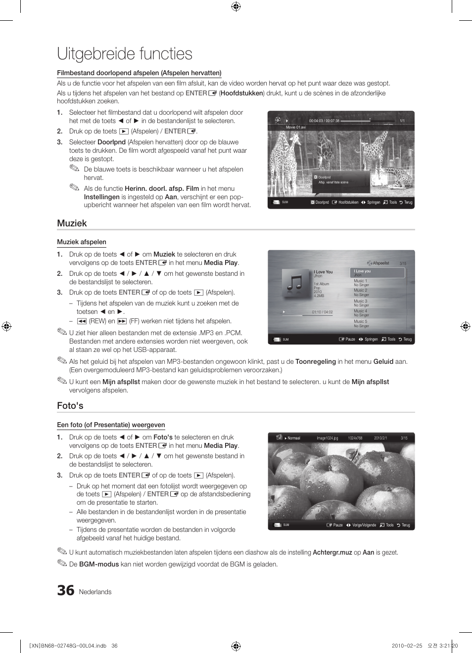 Uitgebreide functies, Muziek, Foto's | Samsung UE55C6000RW User Manual | Page 198 / 217