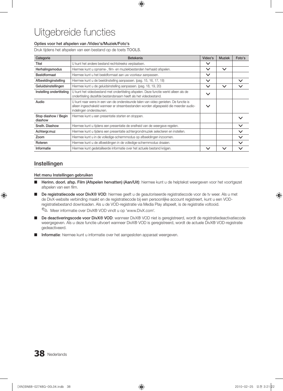 Uitgebreide functies, Instellingen | Samsung UE55C6000RW User Manual | Page 200 / 217