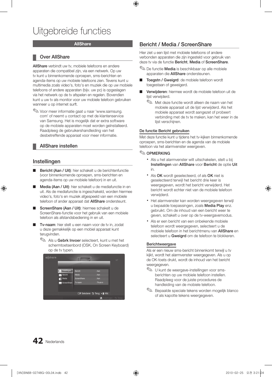 Uitgebreide functies, Instellingen, Bericht / media / screenshare | Samsung UE55C6000RW User Manual | Page 204 / 217