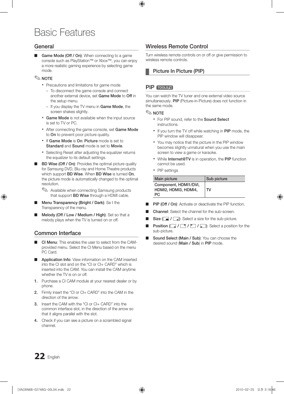 Basic features, General, Common interface | Wireless remote control | Samsung UE55C6000RW User Manual | Page 22 / 217