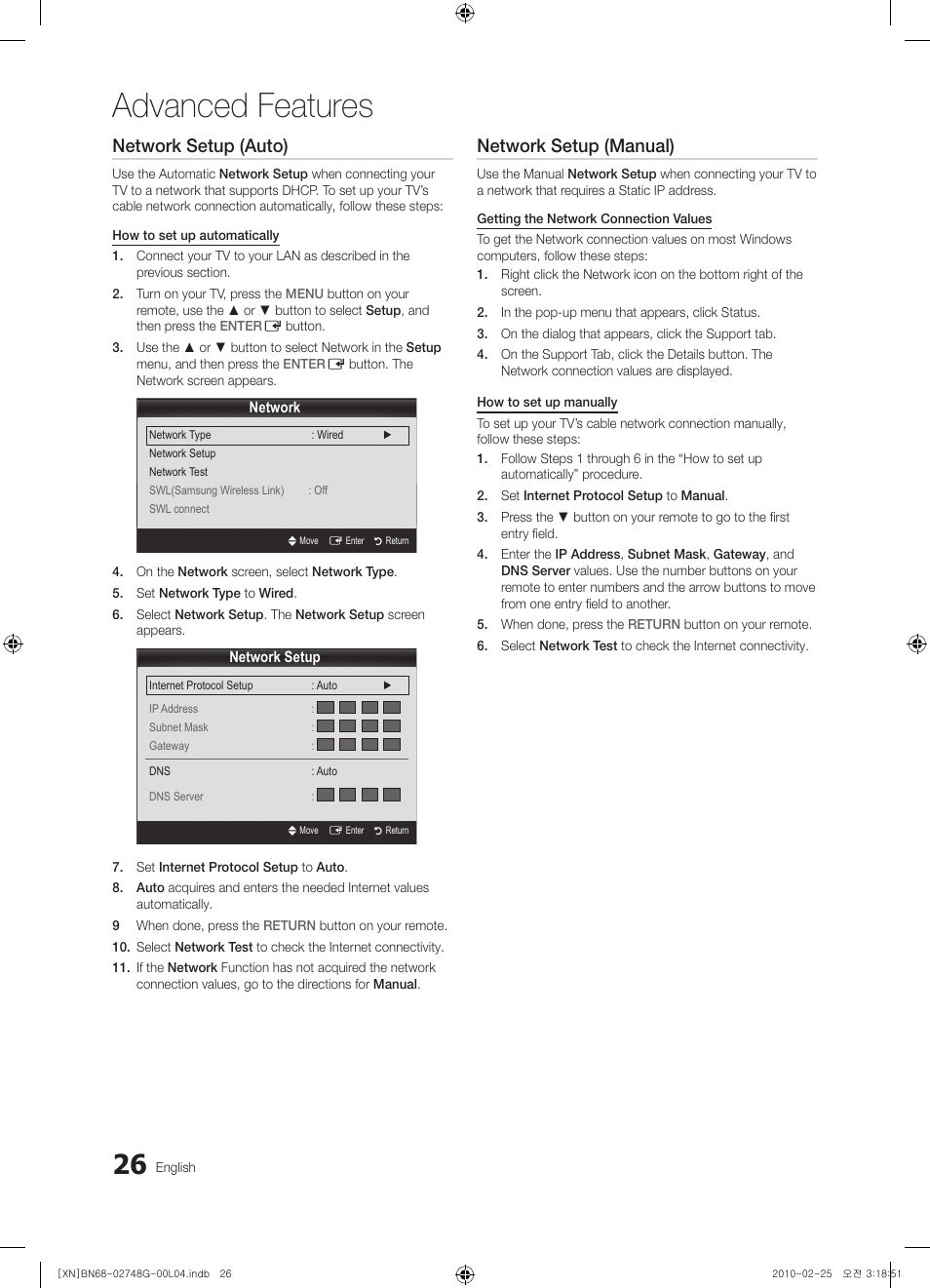 Advanced features, Network setup (auto), Network setup (manual) | Samsung UE55C6000RW User Manual | Page 26 / 217
